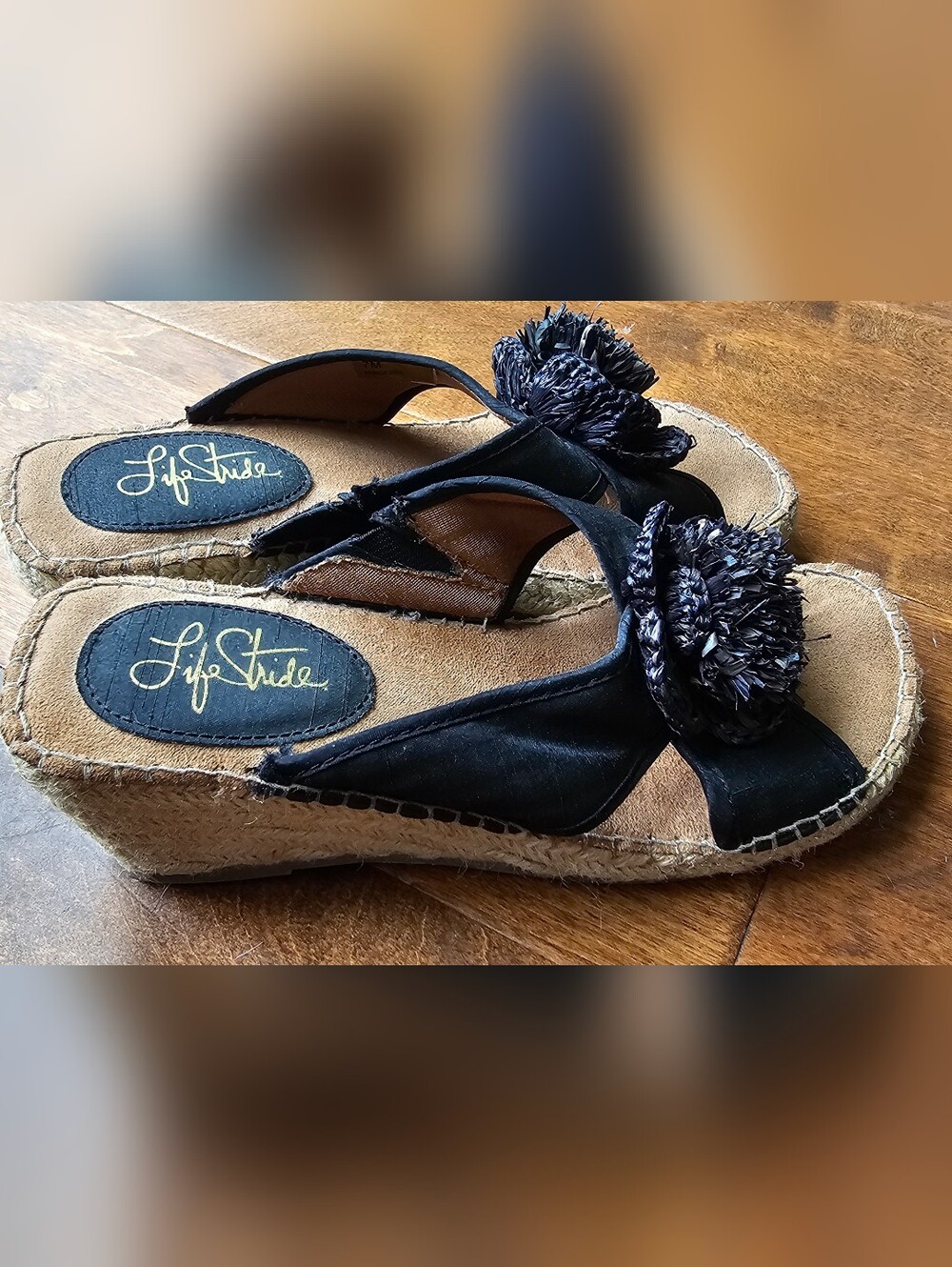 Life Stride Black Espadrille Wedge Sandals with Pom Detail Size 7